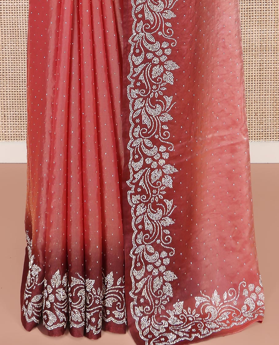 Peach Designer Saree, Adorned with Stone Struck on Its Body, Complemented by a Contrast Floral Design Stone Work Border, Pallu of Stone Work, and Paired with a Contrast Blouse