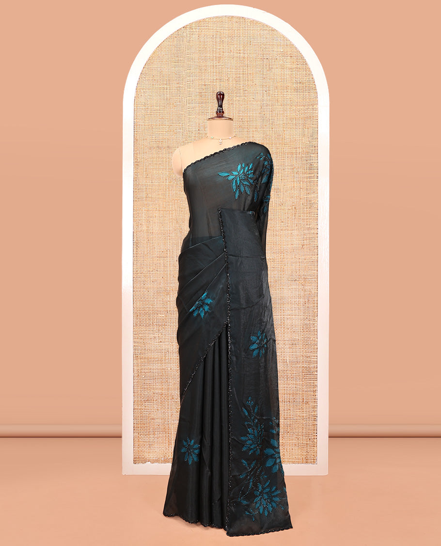 Black Designer Saree, Uniquely Decorated with Leaf Print and Outline Stone Embroidery On Its Body, Same Design On Its Pallu, and Paired with a Matching Blouse