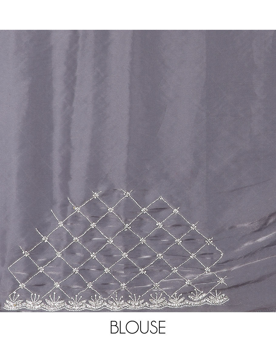 Grey jaal kardana embroidered designer saree, stone embroidered scallop border