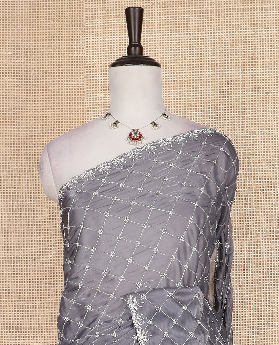 Grey jaal kardana embroidered designer saree, stone embroidered scallop border