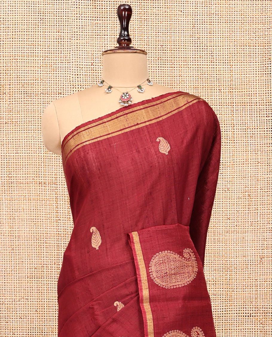 Red Dupion Silk Saree, Elevated with Paisley Buttas, a Piping Border, Intricate Pallu, and a Matching Blouse