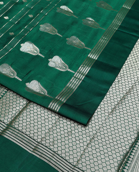 Green striped, floral design raw mango silk saree with self border &  jaal design pallu