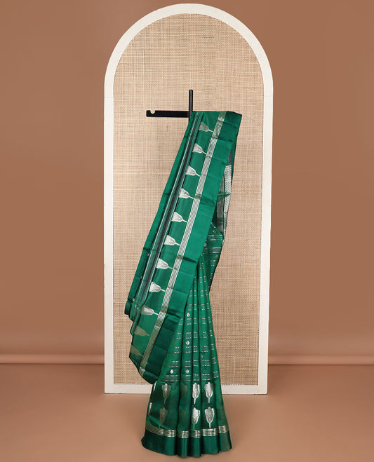 Green striped, floral design raw mango silk saree with self border &  jaal design pallu