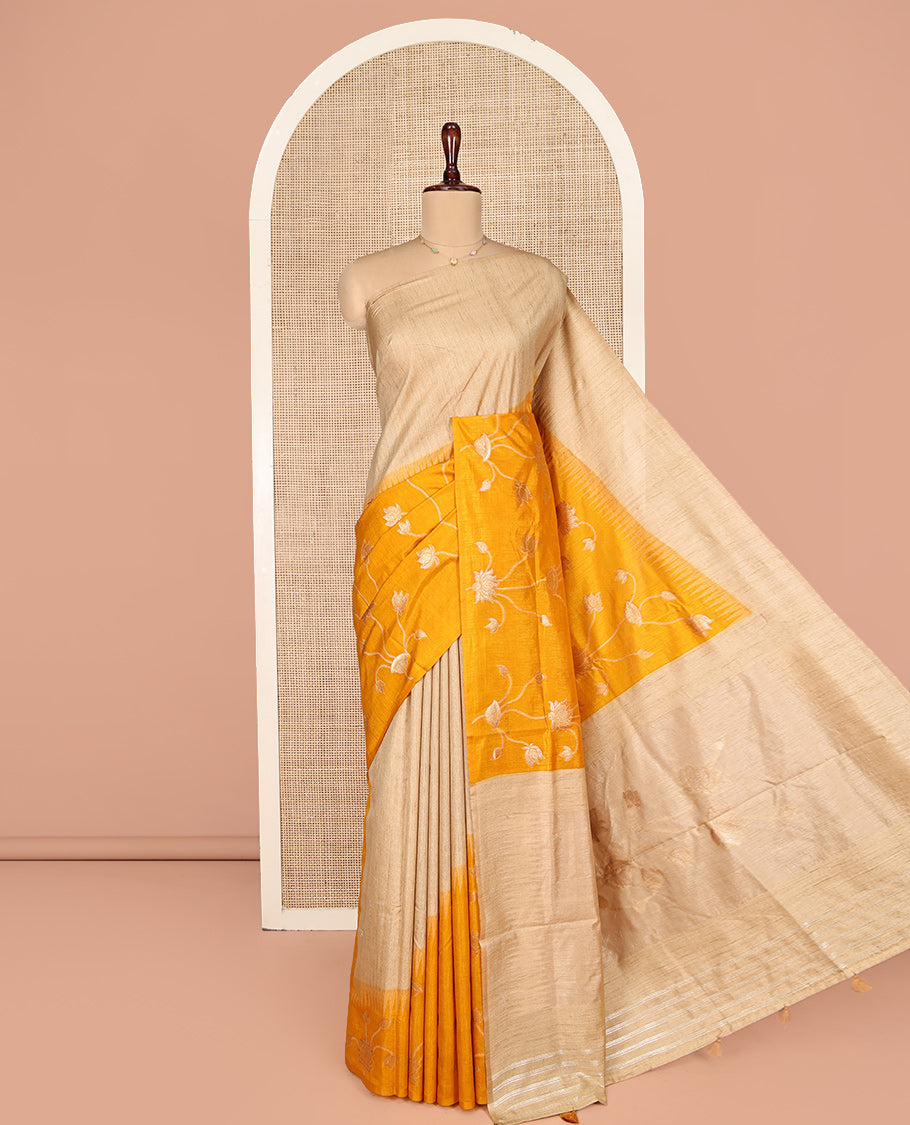 Borderless Sandal and Yellow Dupion Silk Saree, Charmingly Accented with Half-And-Half-Style and Pichwai Lotus Vine, a Contrast Zari Striped Pallu, and a Contrast Blouse