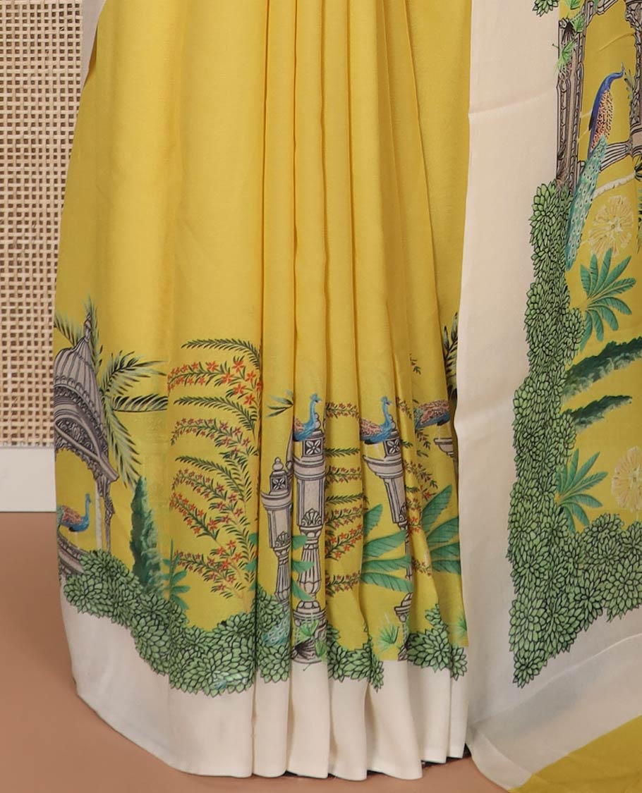 Yellow georgette saree with contrast forest theme design border