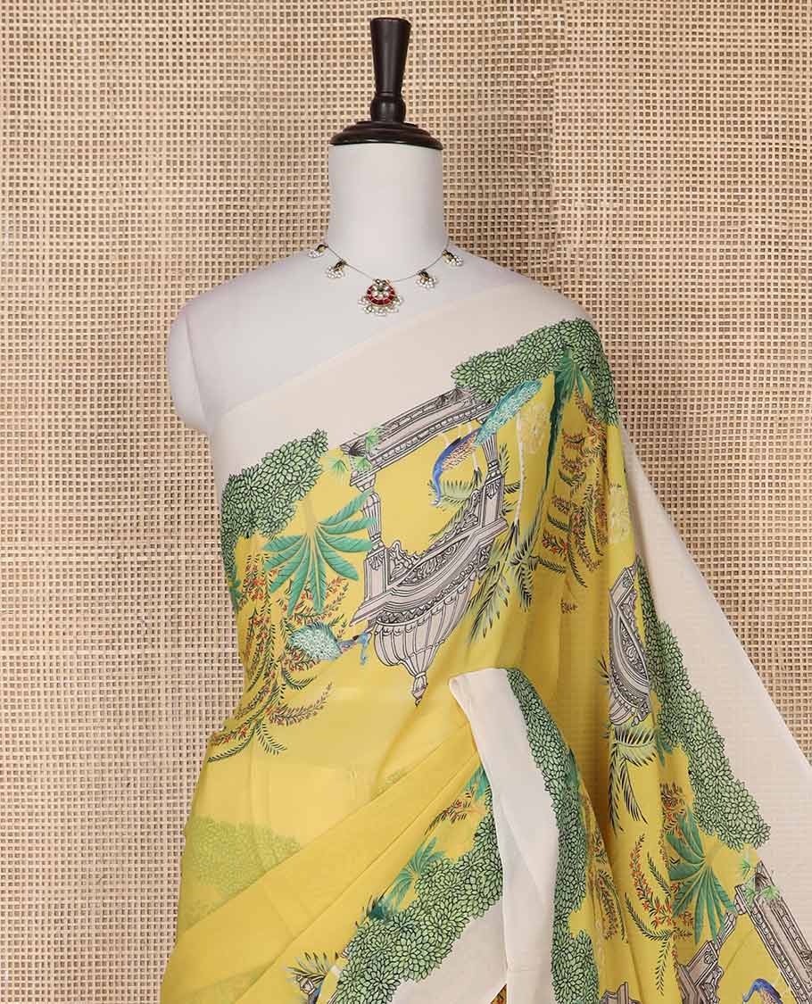 Yellow georgette saree with contrast forest theme design border