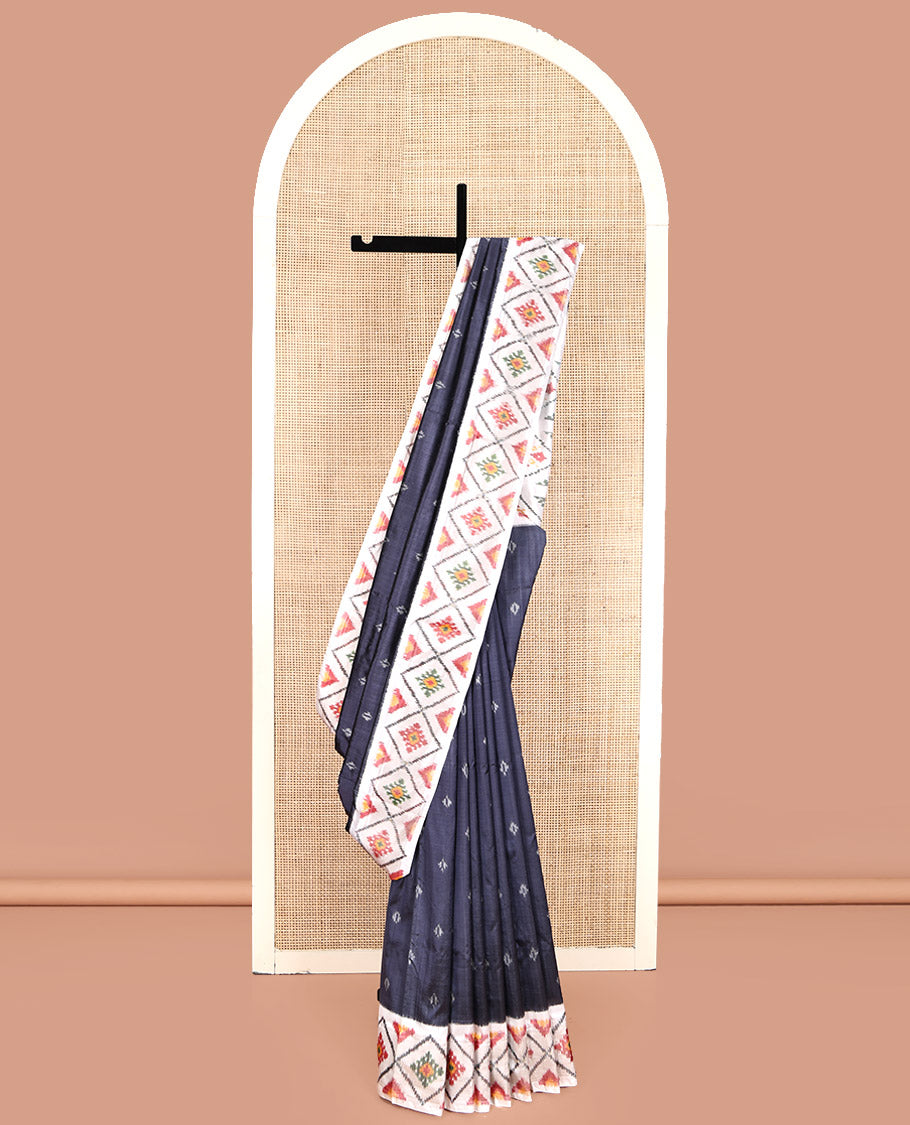 Grey Pochampally Ikat Silk Saree, Subtly Sparkled with Ikkat Buttas on Its Body, Complemented by a Contrast Diamond-Patterned Border, Pallu of Diamond-Patterns, and Paired with a Contrast Blouse