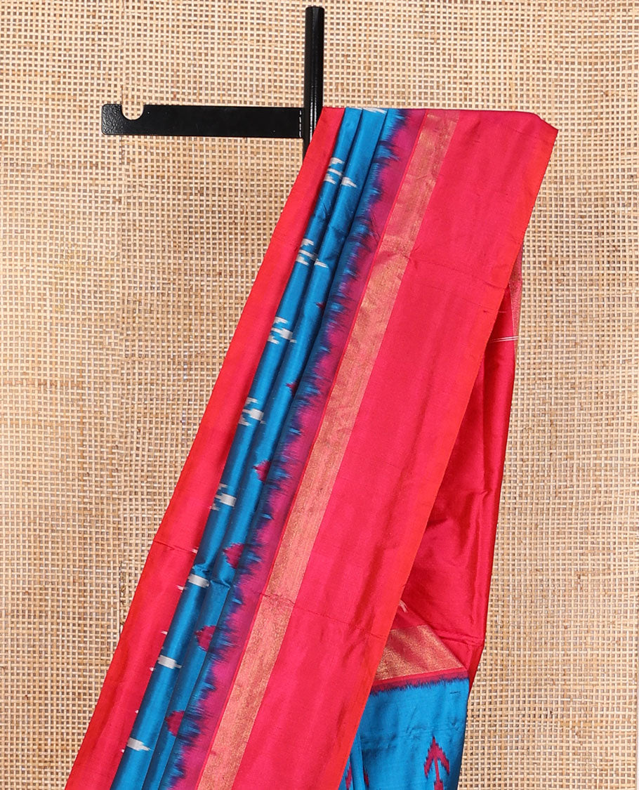 Blue ikkat saree with buttas, contrast ikkat design border & pallu of ikkat jaal design