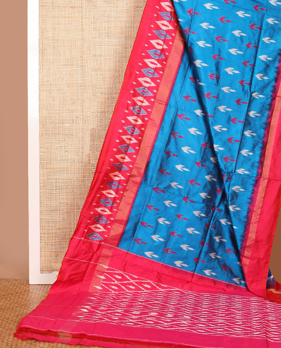 Blue ikkat saree with buttas, contrast ikkat design border & pallu of ikkat jaal design