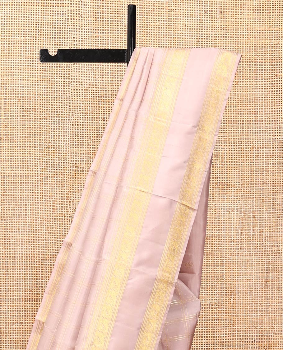 Baby Pink Kanchipuram Silk Saree, Crafted with Zari Checks, Highlighted by Zari Rettai Pettu Border, Zari Buttas Pallu, and Matching Blouse