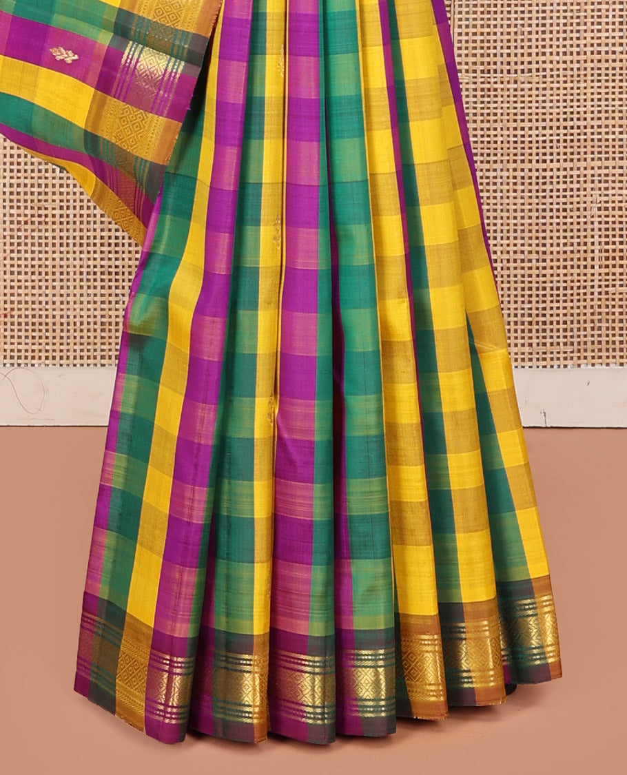 Multi-Color Kanchipuram Silk Saree, Elevated with Paazhum Palamum Checks and Zari Buttas, a Traditional One-Sided Border, Zari-Woven Pallu, and No Blouse