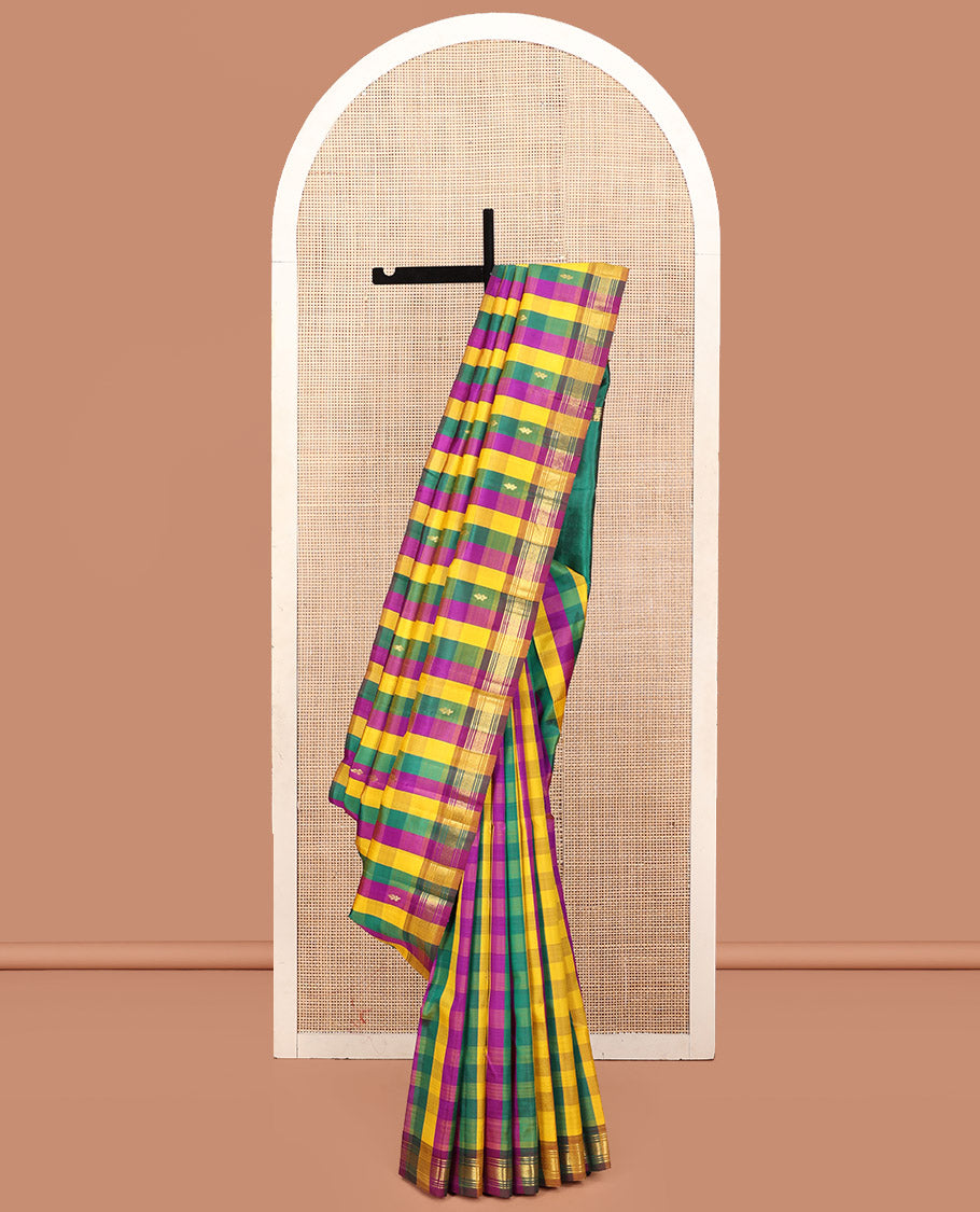 Multi-Color Kanchipuram Silk Saree, Elevated with Paazhum Palamum Checks and Zari Buttas, a Traditional One-Sided Border, Zari-Woven Pallu, and No Blouse