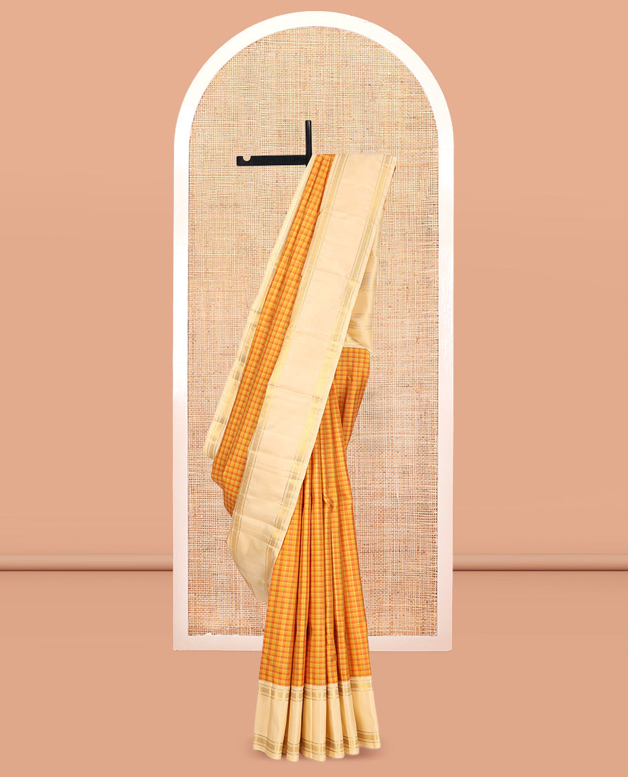 Yellow Checked Kanchipuram Silk Saree, Complemented by a Contrast Border of Muthu, Banaras, and Kuyil Kann Designs, Zari Woven Pallu, and Contrast Blouse