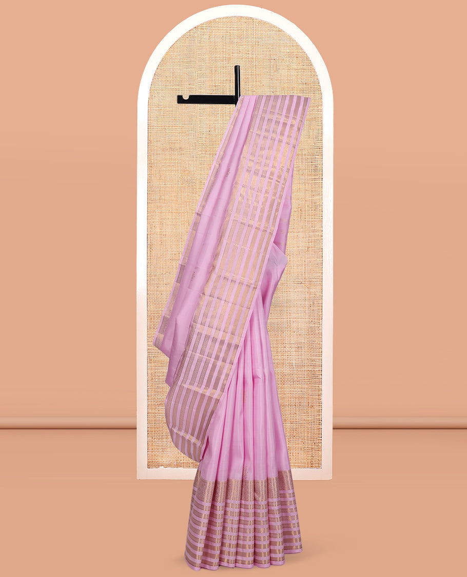 Pink Kanchipuram Silk Saree, Prettified with Zari Buttas, Highlighted by Sparsely Woven Traditional Zari Border, Grand Pallu, and Matching Blouse
