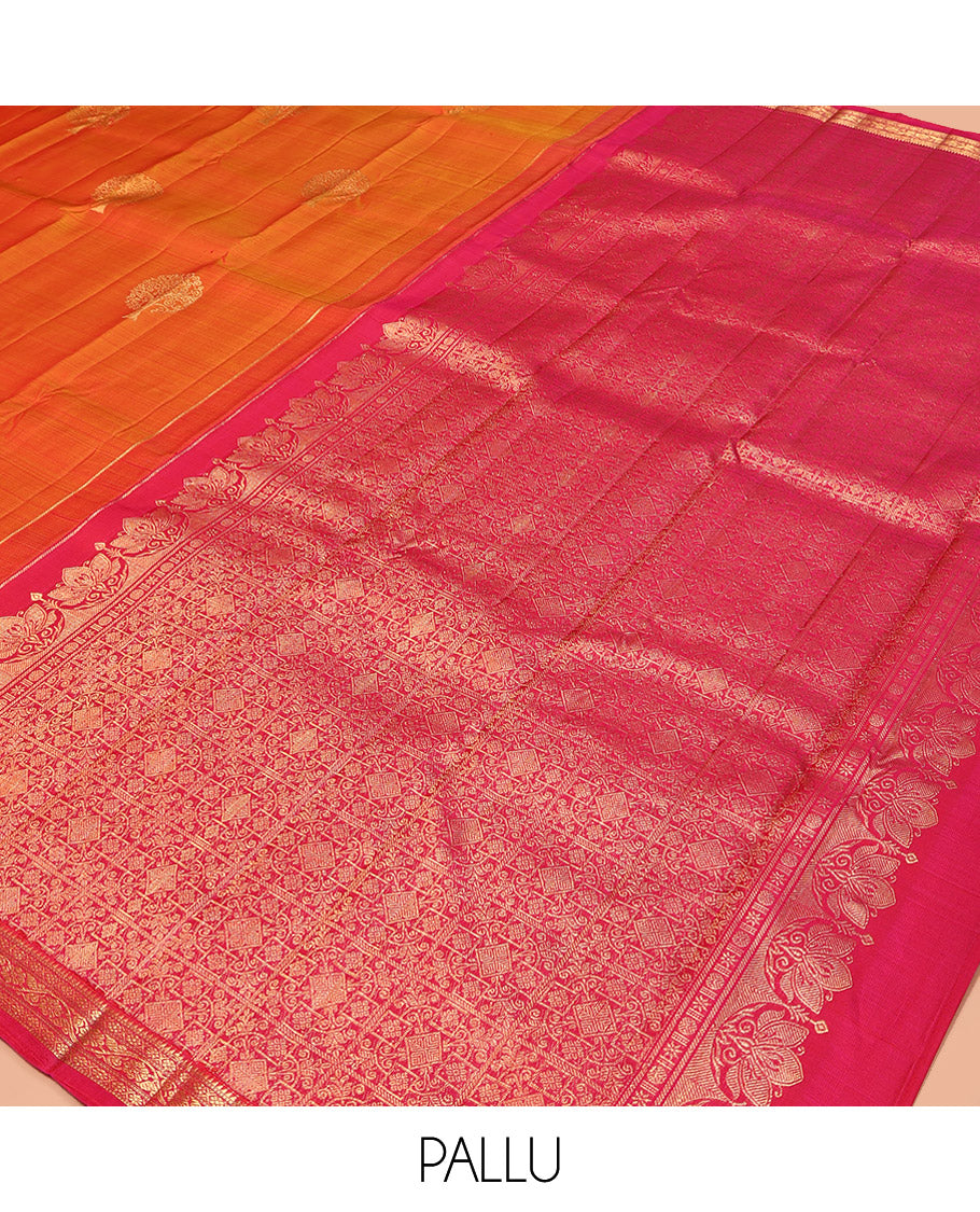 Orange Kanchipuram Silk Saree, Spotlighted with Tree Zari Buttas All Over Its Body, Complemented by a Contrast Border of Rekku, Cross Kamalam, and Kodi Visiry Designs, Intricately Designed Pallu, and Paired with a Contrast Blouse