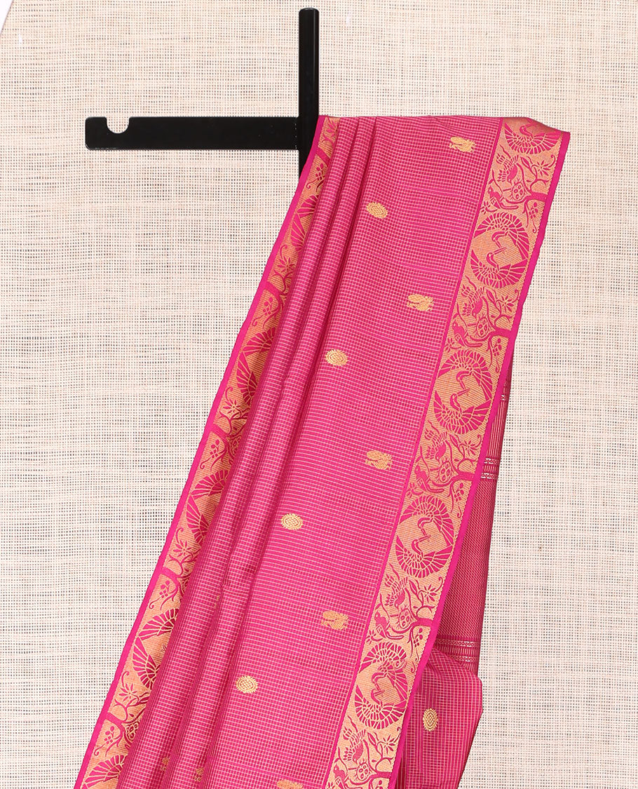 Pink Kanchipuram Silk Saree, Woven with Checks and Mayil Buttas, Highlighted by Bird Motif Woven Border, Zari Striped Pallu, and a Matching Blouse