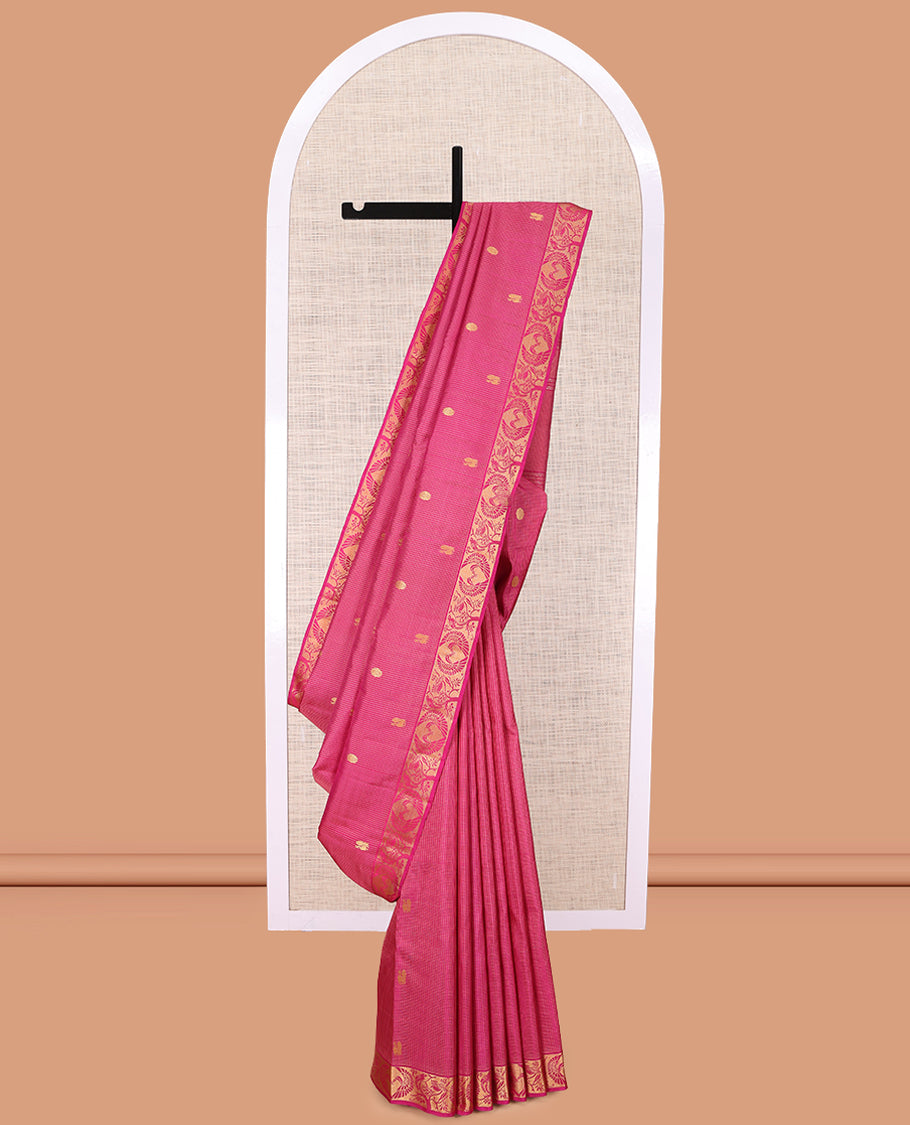 Pink Kanchipuram Silk Saree, Woven with Checks and Mayil Buttas, Highlighted by Bird Motif Woven Border, Zari Striped Pallu, and a Matching Blouse