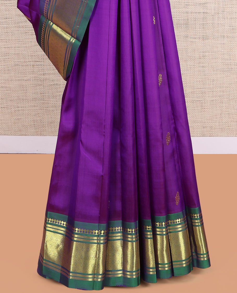 Purple Kanchipuram Silk Saree, Accentuated with Zari Buttas, a Contrast One-Sided Border of Paneer Sombu, Banaras and Jaal Design, Zari Design Pallu, and No Blouse