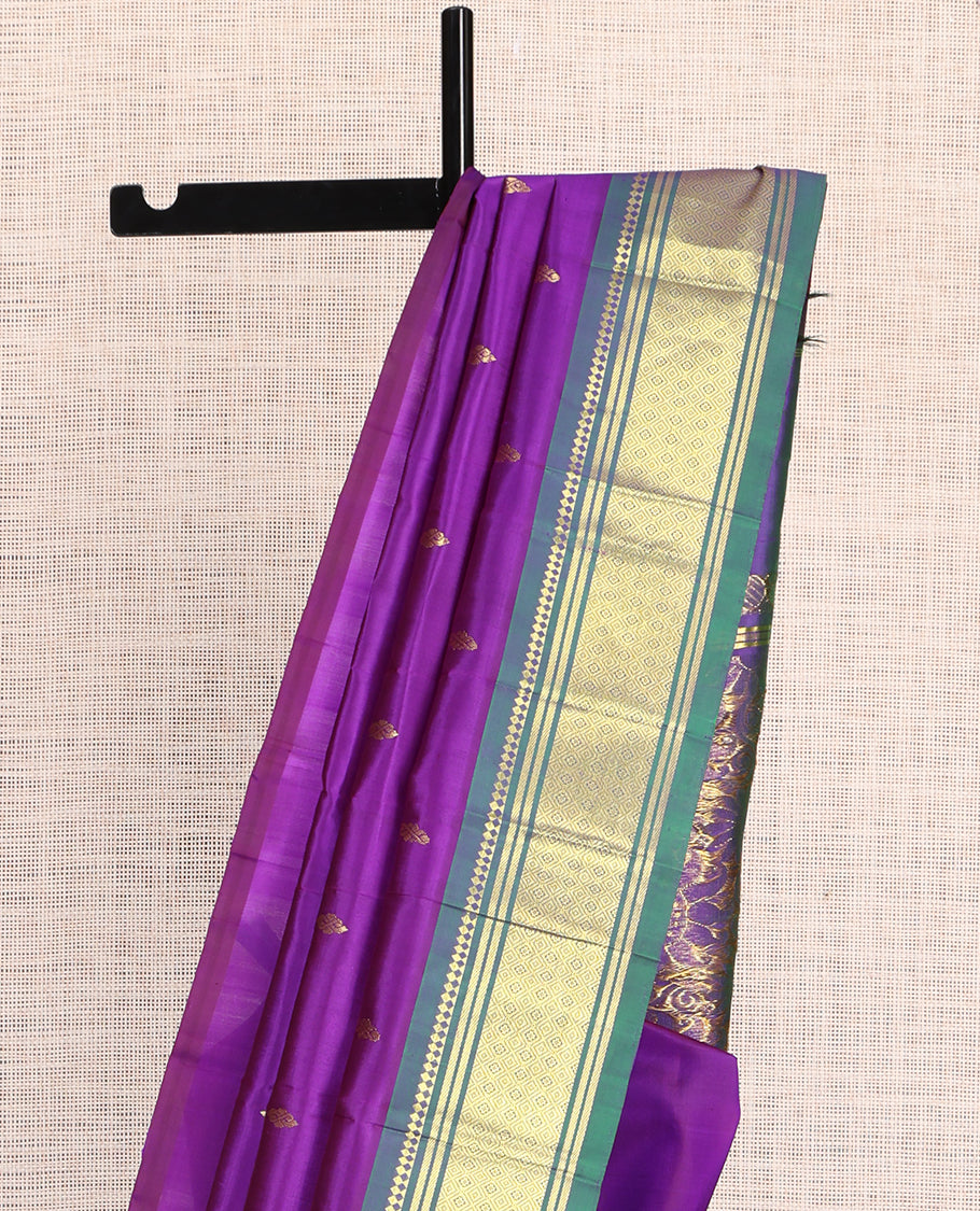 Purple Kanchipuram Silk Saree, Accentuated with Zari Buttas, a Contrast One-Sided Border of Paneer Sombu, Banaras and Jaal Design, Zari Design Pallu, and No Blouse