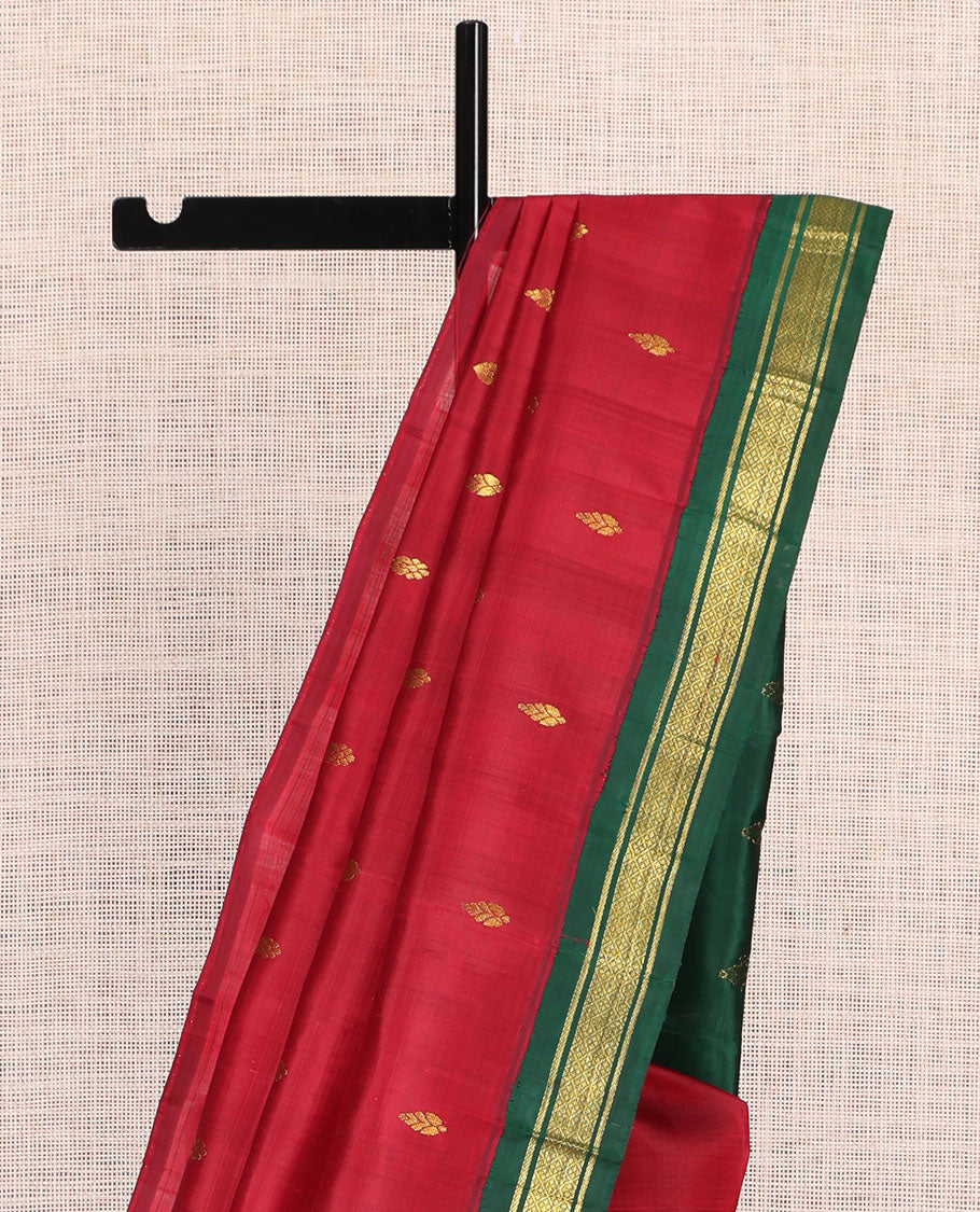 Red Kanchipuram Silk Saree, Woven with Zari Buttas, a Contrast Korvai One-Sided Border of Banaras, and Jaal Designs, Zari Design Pallu, and No Blouse