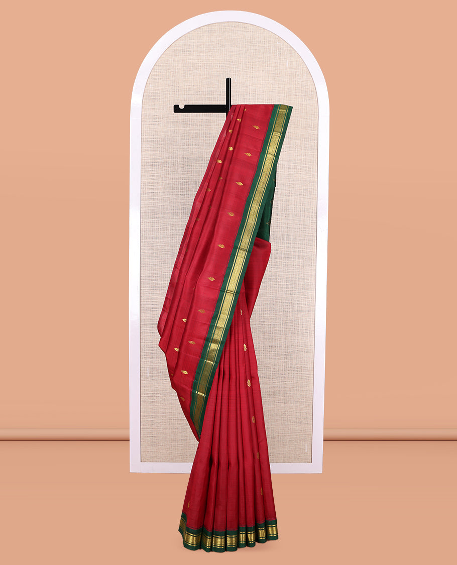 Red Kanchipuram Silk Saree, Woven with Zari Buttas, a Contrast Korvai One-Sided Border of Banaras, and Jaal Designs, Zari Design Pallu, and No Blouse
