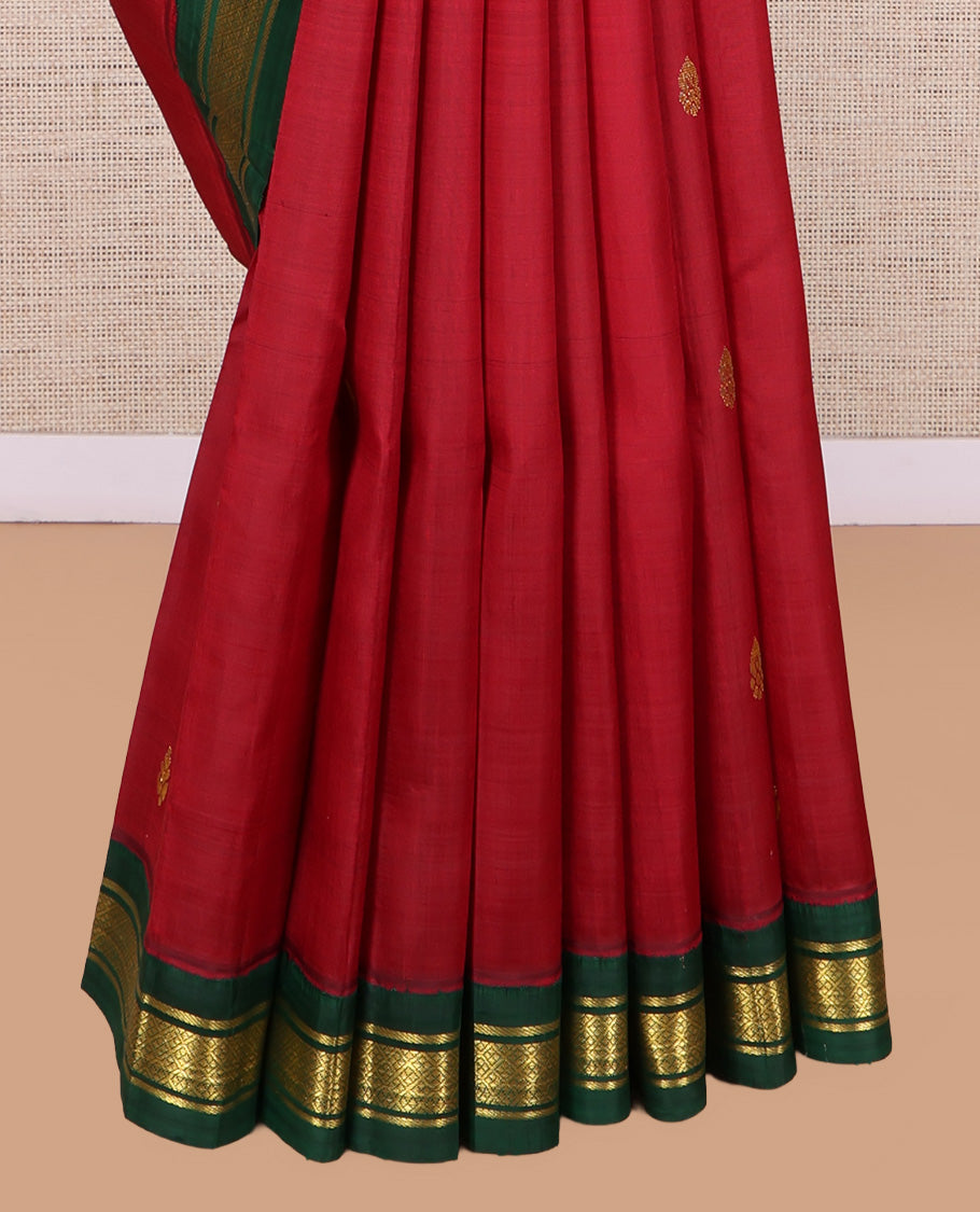 Red Kanchipuram Silk Saree, Woven with Zari Buttas, a Contrast Korvai One-Sided Border of Banaras, and Jaal Designs, Zari Design Pallu, and No Blouse