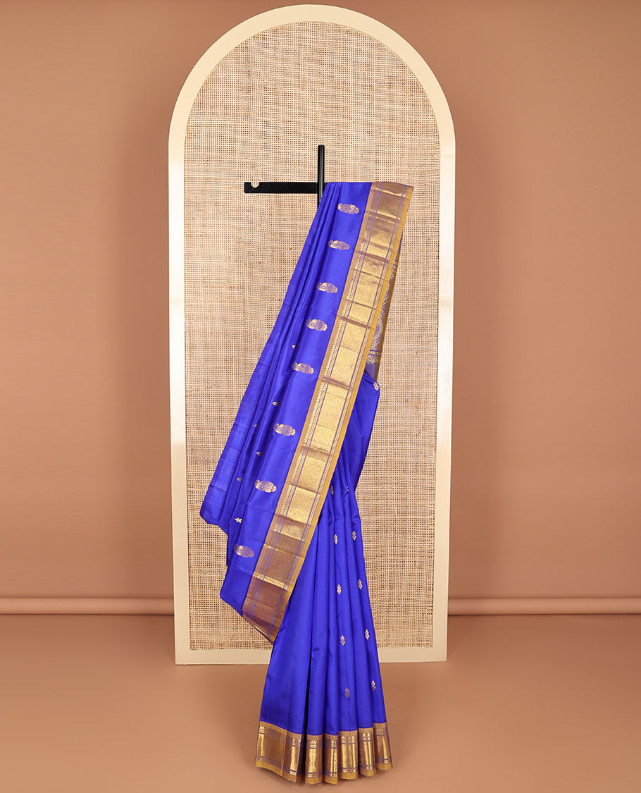 Ink blue buttas kancheepuram silk saree with contrast korvai intricate zari design border & floral design pallu