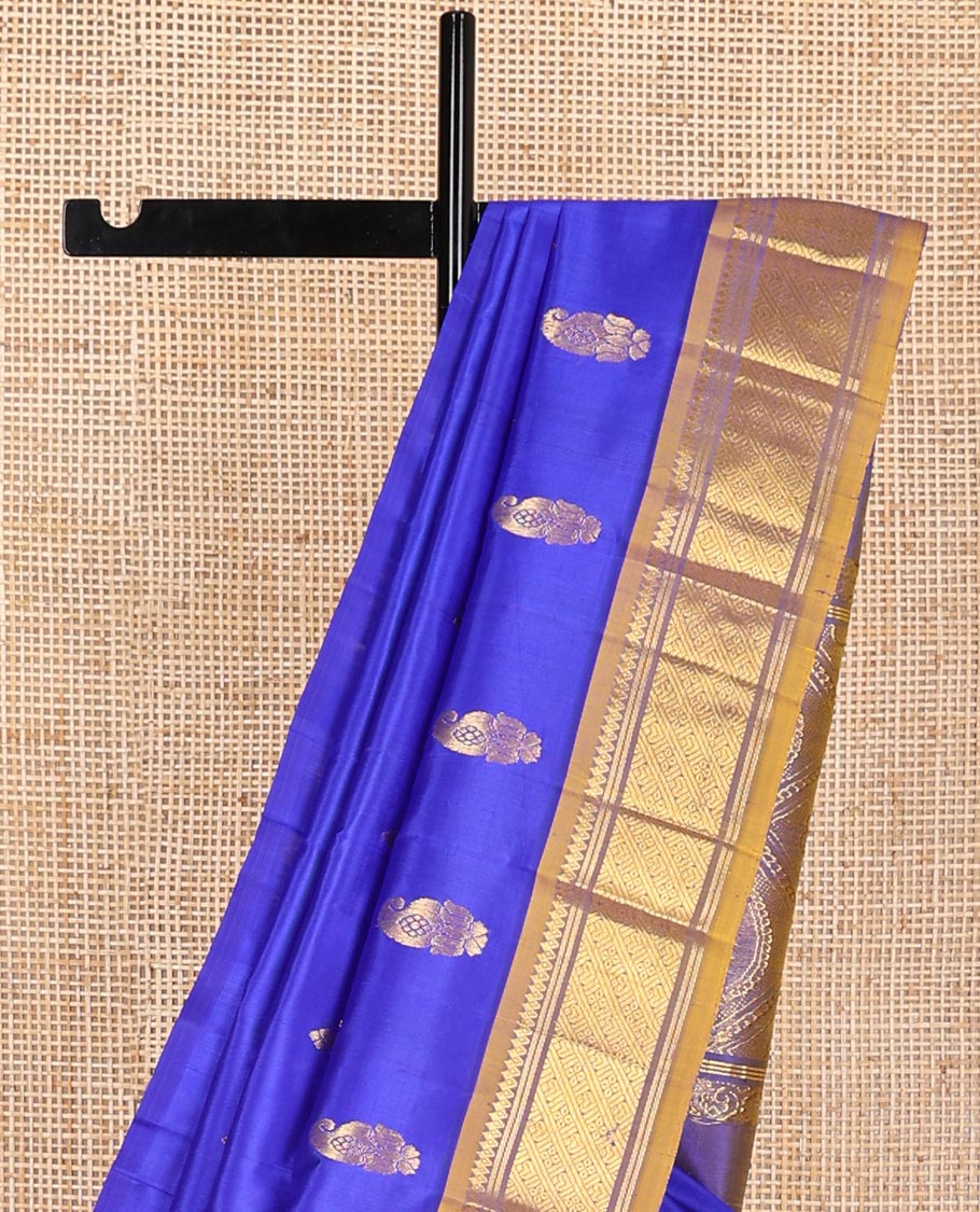Ink blue buttas kancheepuram silk saree with contrast korvai intricate zari design border & floral design pallu