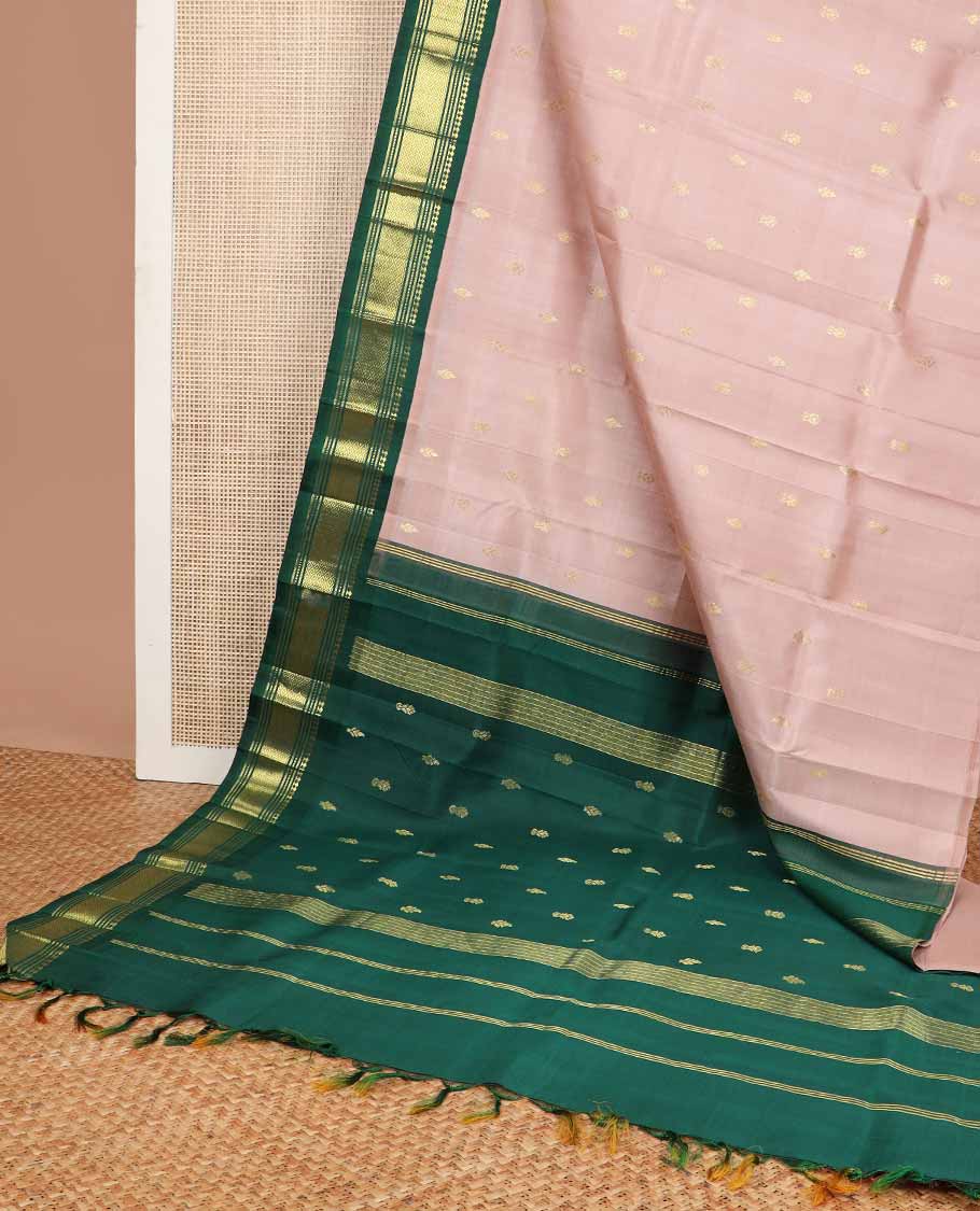 baby pink buttas kancheepuram silk saree with contrast korvai border of rekku, muthu, banaras, checked design & zari design pallu