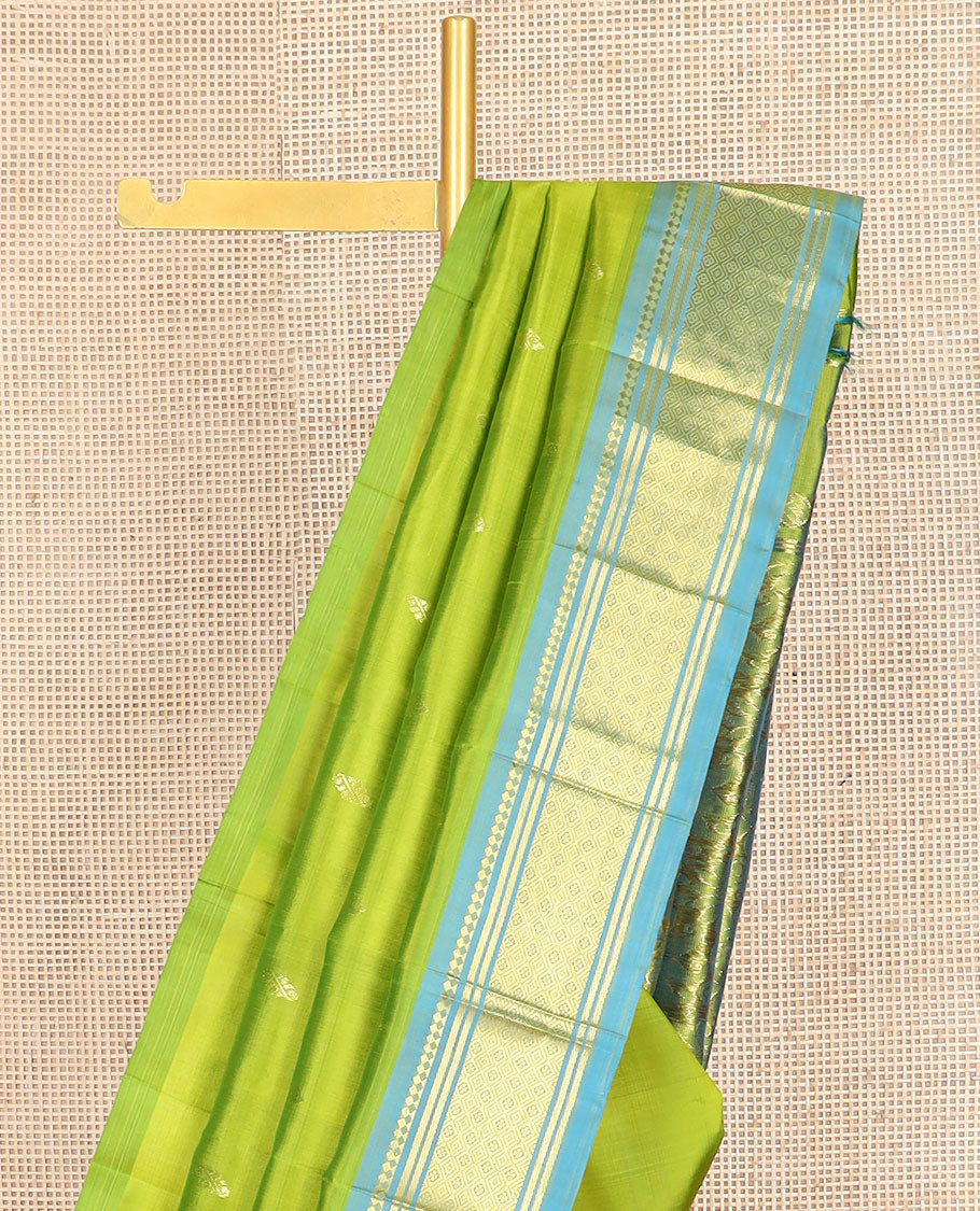 Parrot green zari buttas kanchipuram silk saree, contrast one-sided border of panner sombu,banaras & jaal & floral design pallu