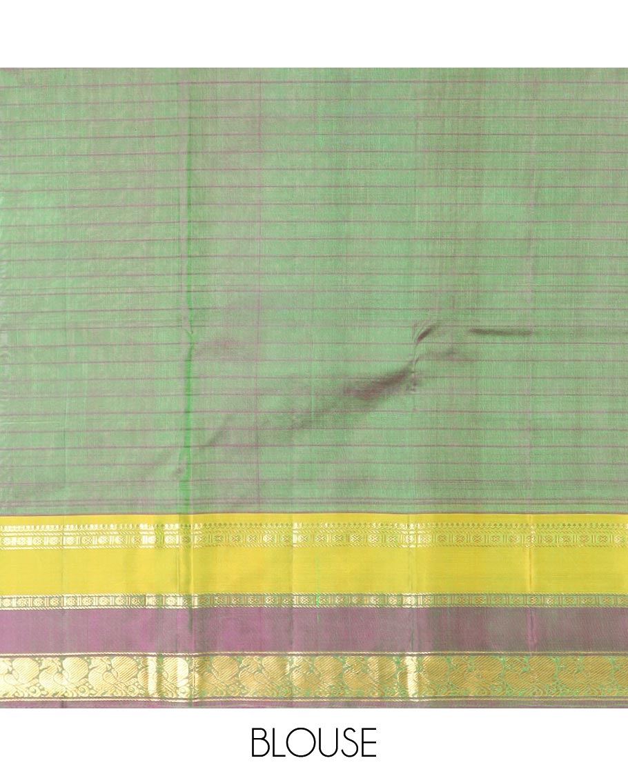 Green Kanchipuram Silk Saree Adorned with Vazhaipoo Stripes, Complemented by Contrast Rettai Pettu Border of Thilakam Mokku, Rudraksham, and Mayil Designs, Zari Woven Pallu, and Paired with a Contrast Blouse