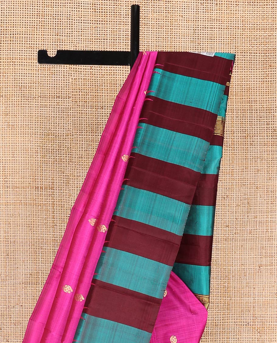 Pink kancheepuram silk saree with zari buttas, contrast one-sided thazhampoo reku border & zari design pallu