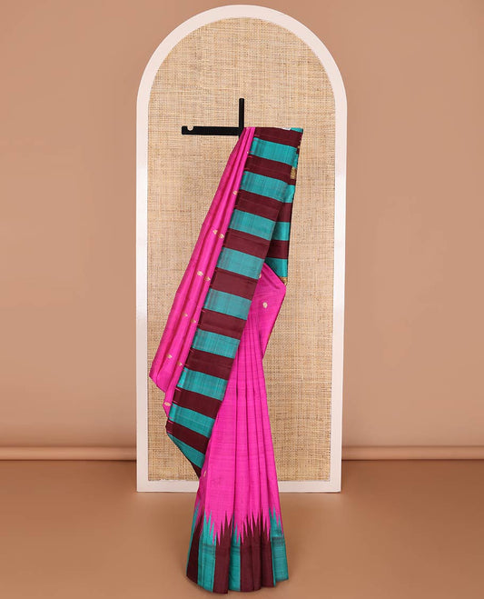 Pink kancheepuram silk saree with zari buttas, contrast one-sided thazhampoo reku border & zari design pallu