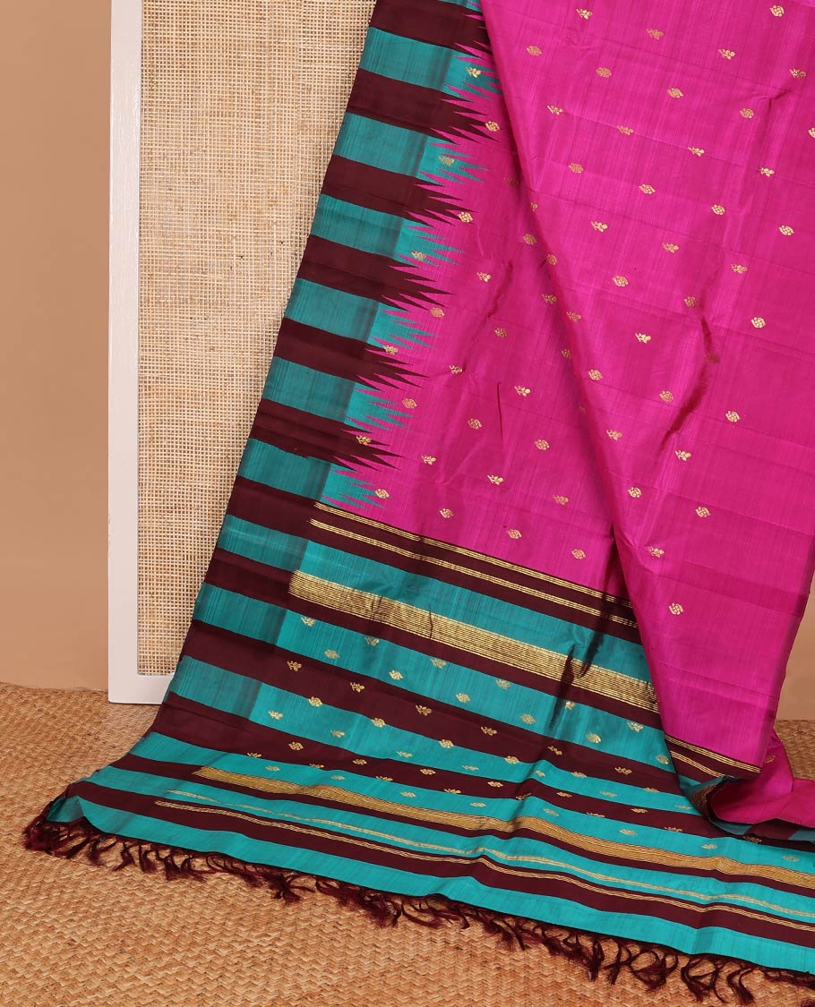 Pink kancheepuram silk saree with zari buttas, contrast one-sided thazhampoo reku border & zari design pallu