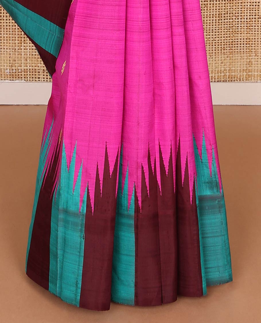 Pink kancheepuram silk saree with zari buttas, contrast one-sided thazhampoo reku border & zari design pallu