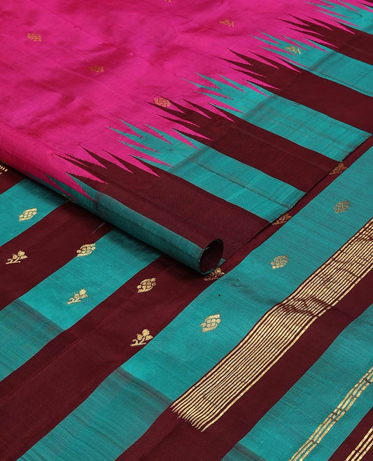 Pink kancheepuram silk saree with zari buttas, contrast one-sided thazhampoo reku border & zari design pallu