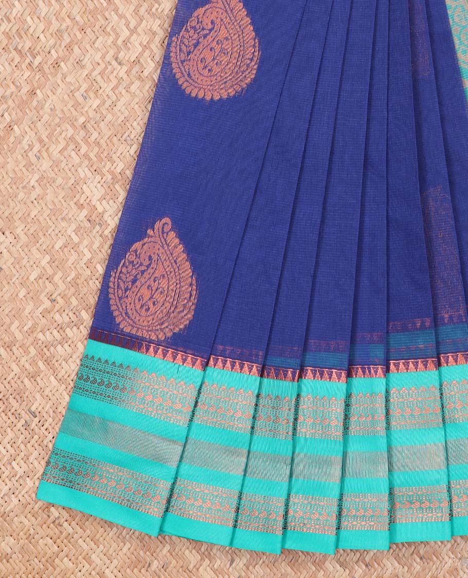 Blue floral motifs kora cotton saree with contrast temple border & floral zari design pallu
