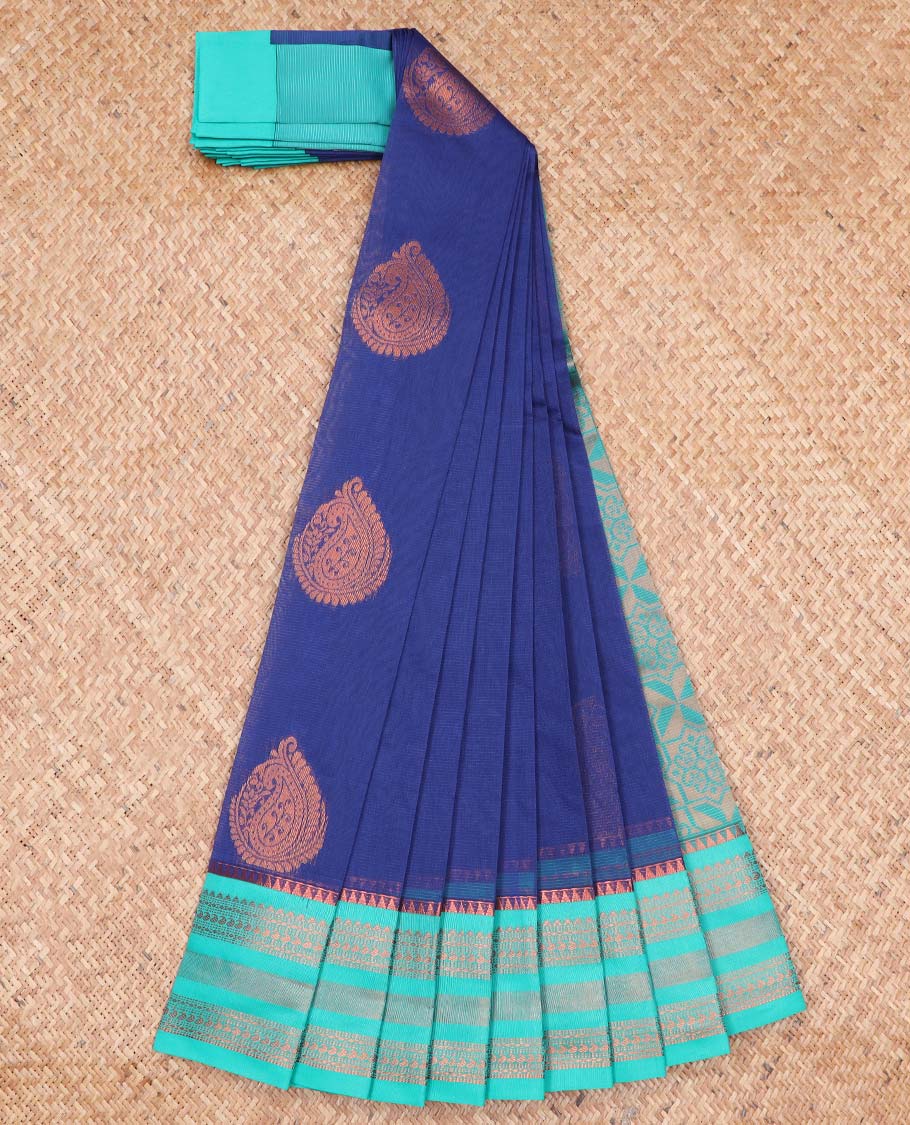 Blue floral motifs kora cotton saree with contrast temple border & floral zari design pallu