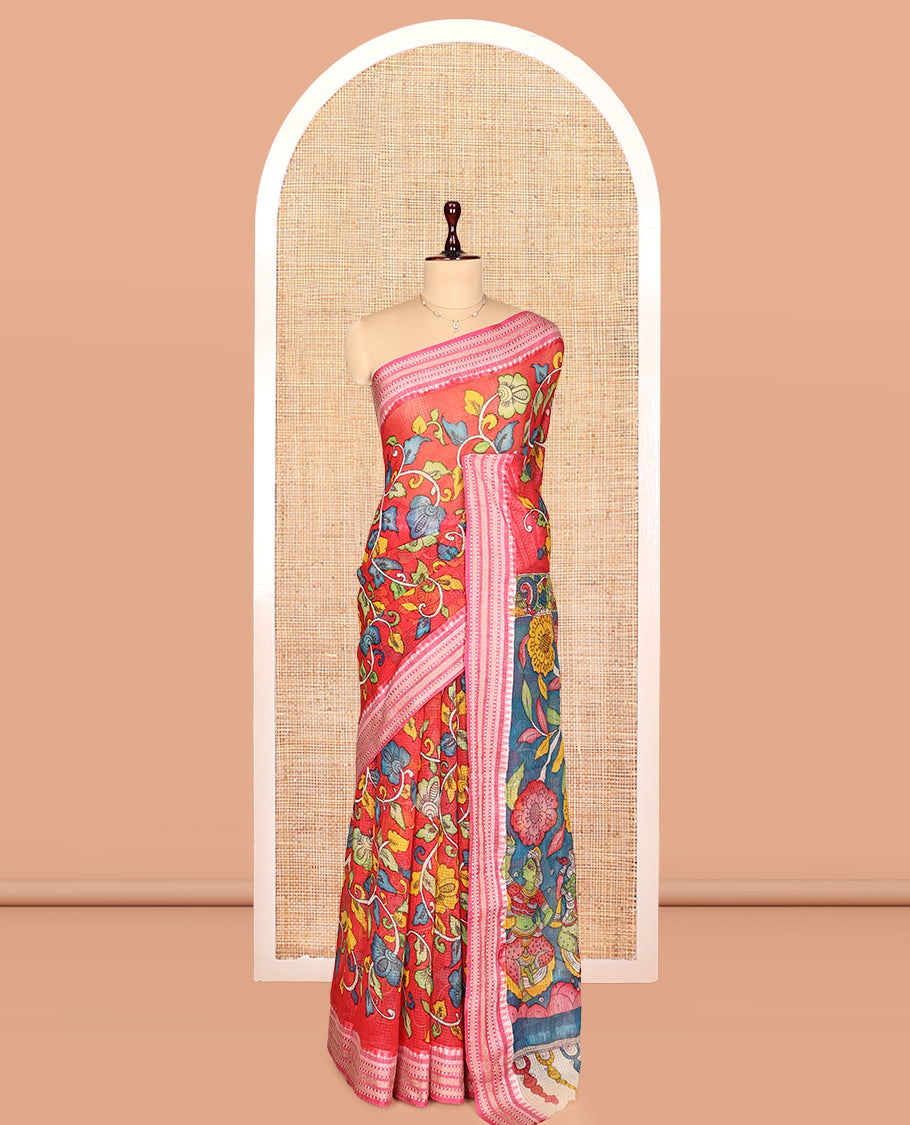 Red Kalamkari Silk Saree, Crafted with Floral Vine Print, a Contrast Traditional Thread Border, Pallu of Ancient Human Figurines, and a Contrast Blouse