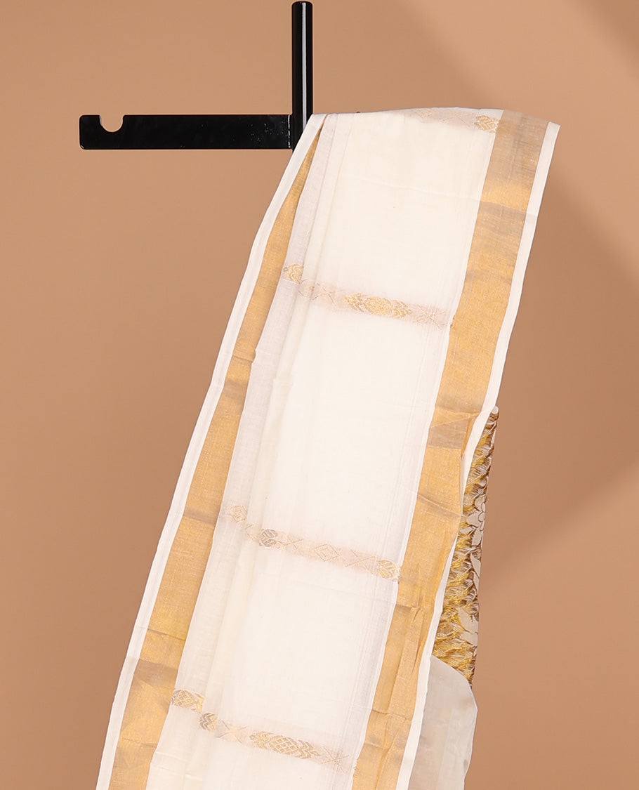 Cream kerala saree with zari stripes, zari border & pallu of floral designs