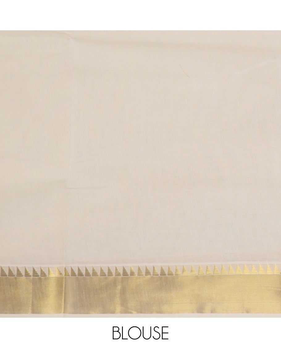 Cream temple zari design Kerala saree, zari temple border, and pallu features temple designs