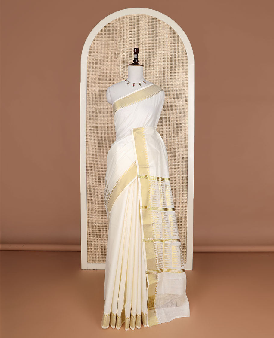 Cream temple zari design Kerala saree, zari temple border, and pallu features temple designs