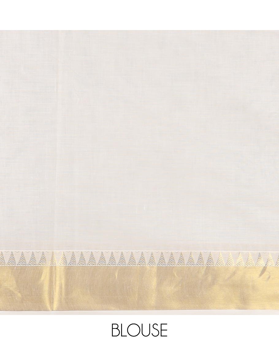 Cream leaf buttas Kerala cotton saree, zari temple border, and leaf zari design pallu