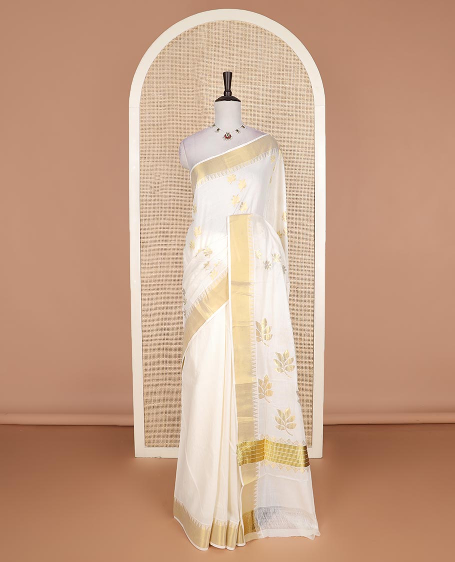 Cream leaf buttas Kerala cotton saree, zari temple border, and leaf zari design pallu