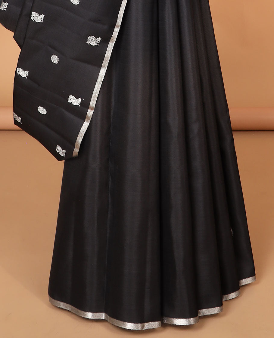 Black buttas kancheepuram silk saree with self zari border & animal design pallu