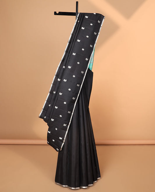 Black annam chakram buttas kancheepuram silk saree, piping zari border & animal butta enclosed multi-color checked pallu