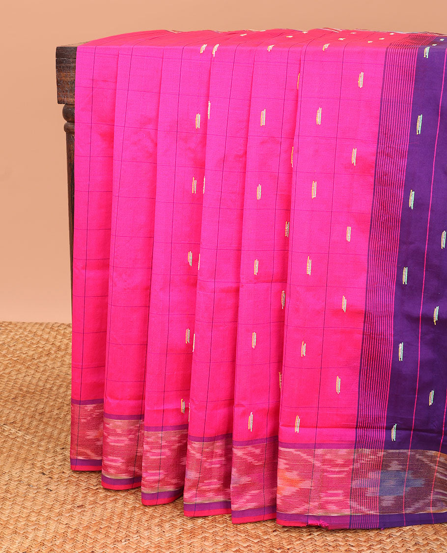 Pink checked & buttas kuppadam cotton saree, contrast striped border & pallu of stripes & buttas