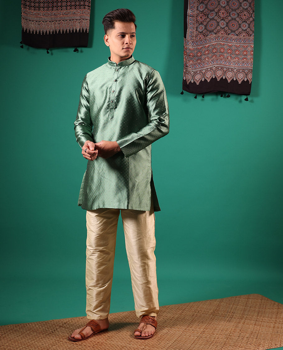 Green unique patterns embossed with glitter dotted full-sleeved men's kurta