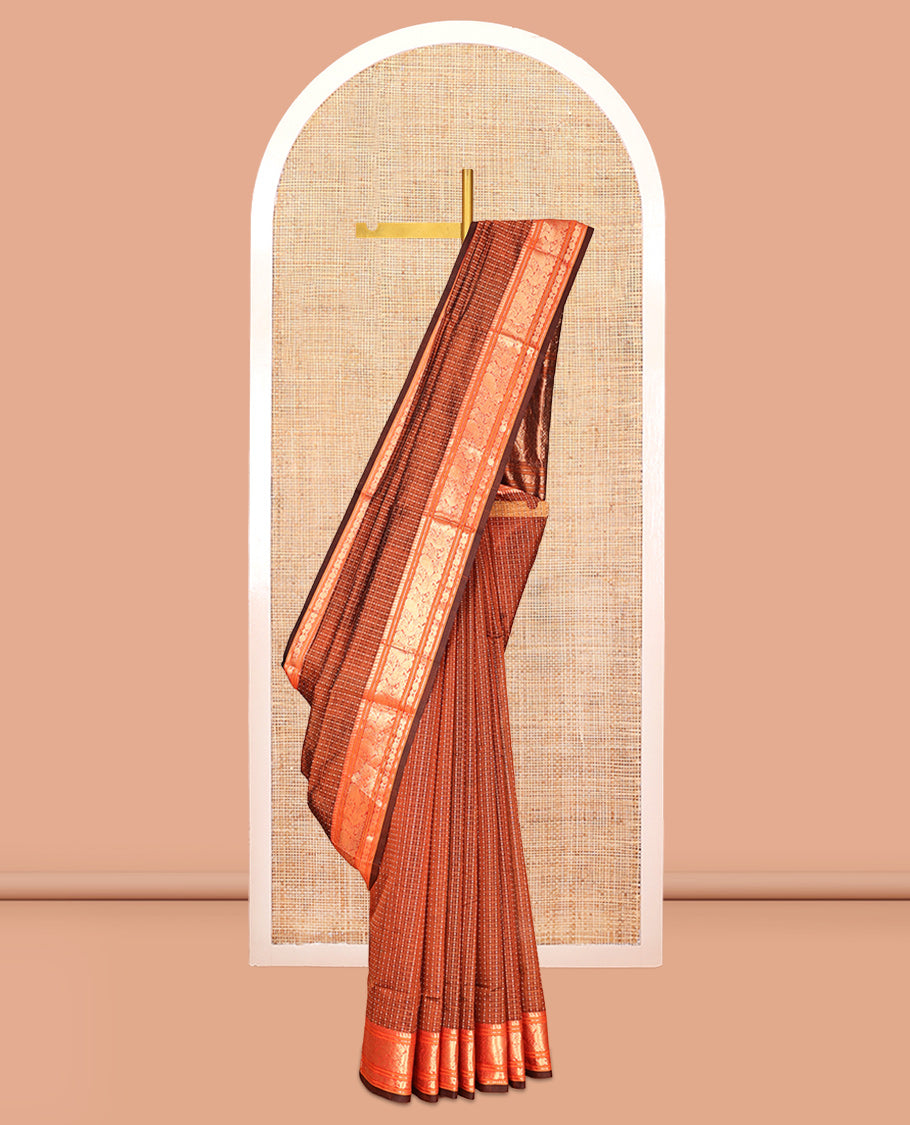 Brown Buttas Enclosed Checked Kuppadam Silk Saree, a Contrast Peacock Border, Grand Pallu, Matching Blouse
