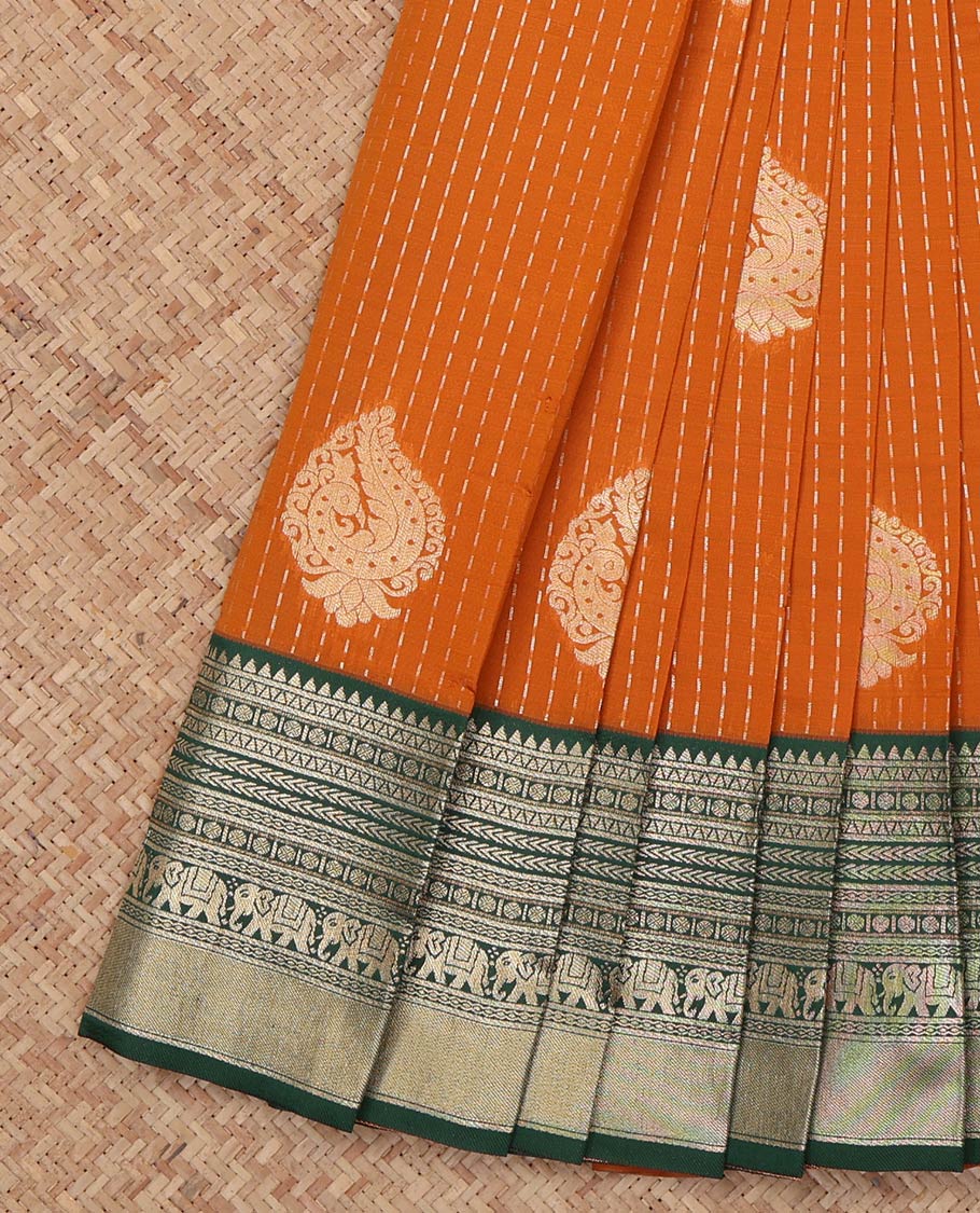 Orange Litchi Saree, Beautified with Zari Buttas, a Contrast Traditional Zari Border, Grand Pallu, and a Contrast Blouse